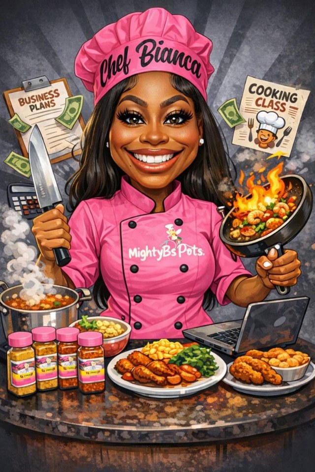 Cartoon of Chef Bianca cooking in her pink MightyBsPots chef coat